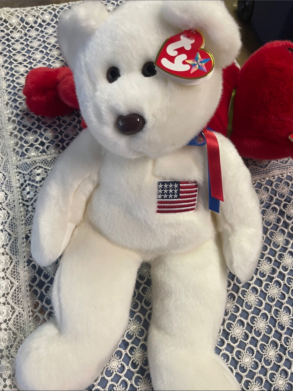 Ty White Patriotic Bear with Embroidered American Flag and Ribbon